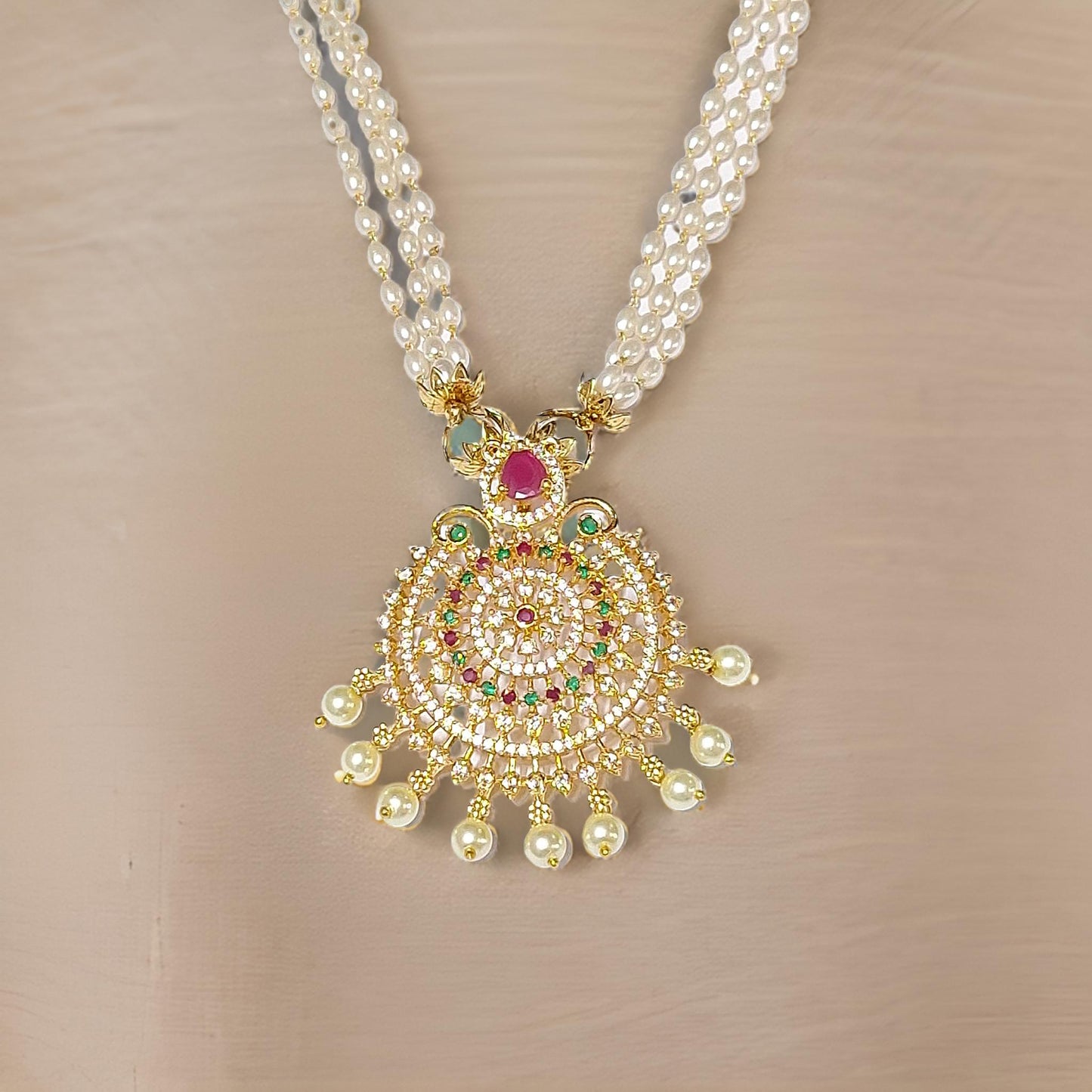 Pink Green American Diamond Pearl Maharani Necklace Set