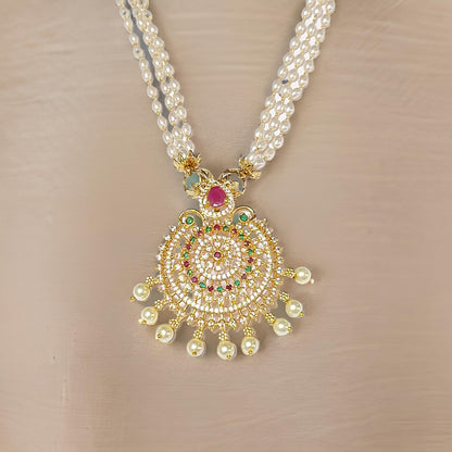 Pink Green American Diamond Pearl Maharani Necklace Set