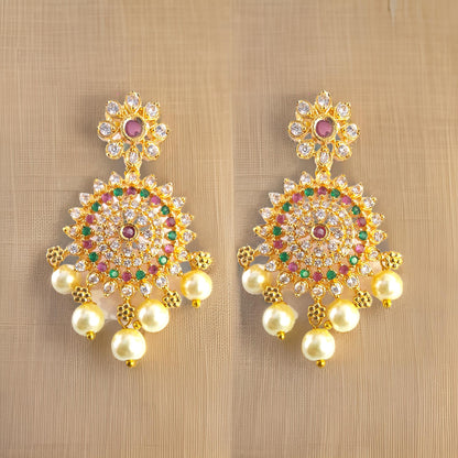 Pink Green American Diamond Pearl Maharani Necklace Set