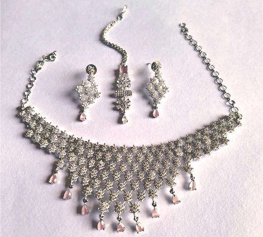Pink American Diamond Choker Necklace Set With Maang Tikka