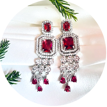 Red Wine Color American Diamond Statement Earrings