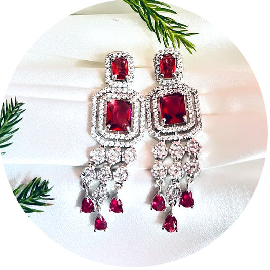 Red Wine Color American Diamond Statement Earrings