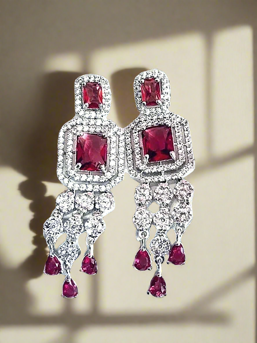 Red Wine Color American Diamond Statement Earrings