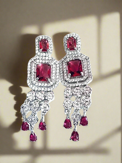 Red Wine Color American Diamond Statement Earrings