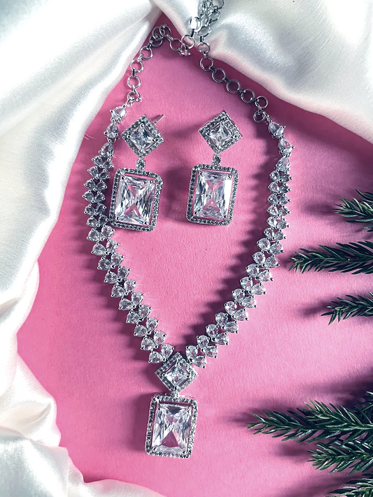 White Color Statement American Diamond Necklace Set