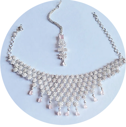 Pink American Diamond Choker Necklace Set With Maang Tikka