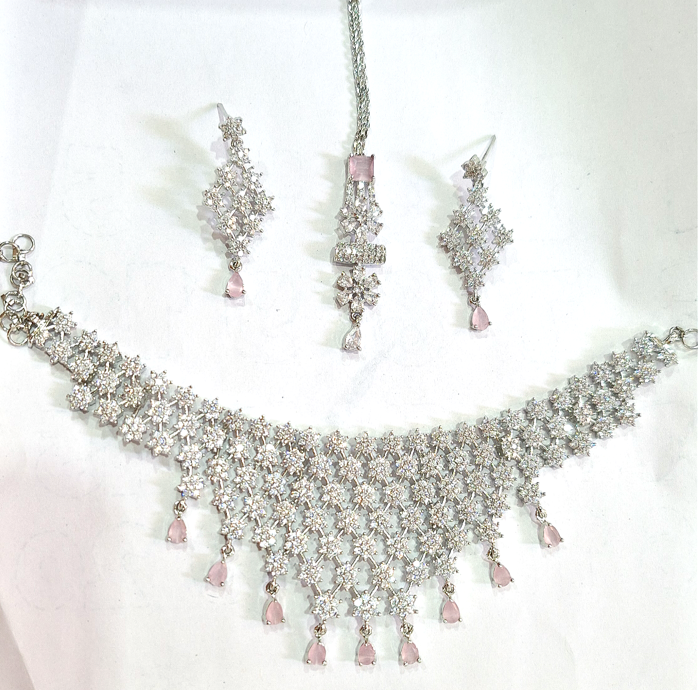 Pink American Diamond Choker Necklace Set With Maang Tikka