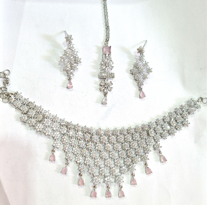 Pink American Diamond Choker Necklace Set With Maang Tikka