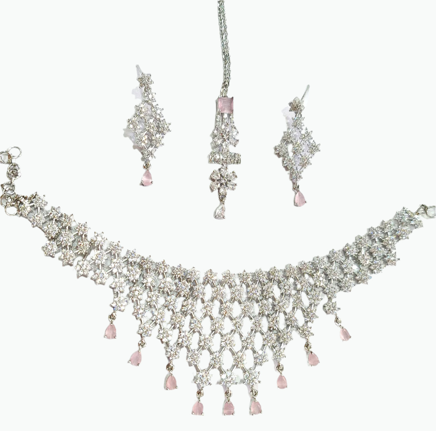 Pink American Diamond Choker Necklace Set With Maang Tikka