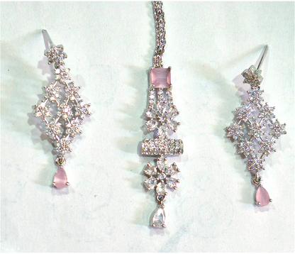 Pink American Diamond Choker Necklace Set With Maang Tikka