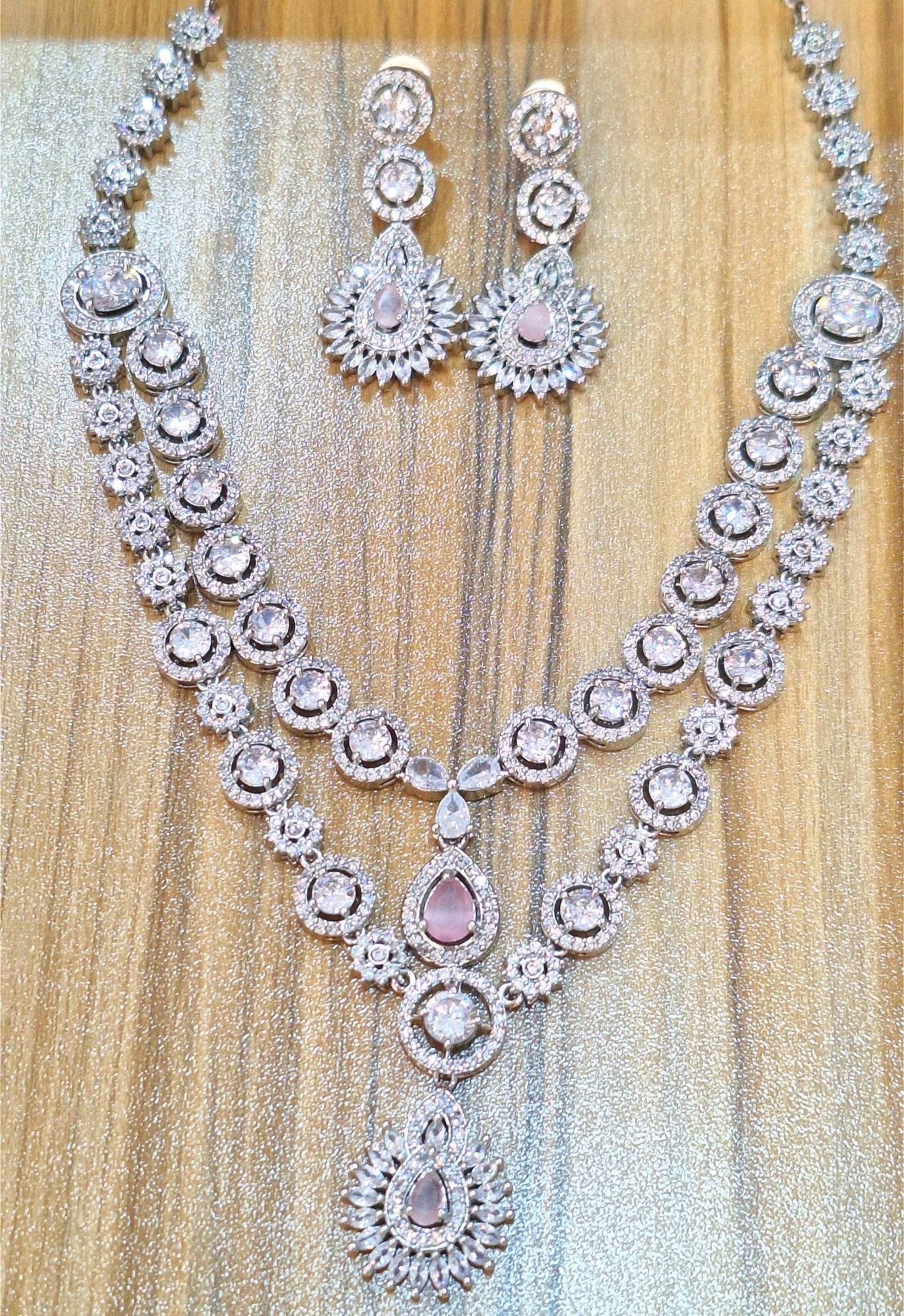 Light Pink Double Layer American Diamond Necklace Set