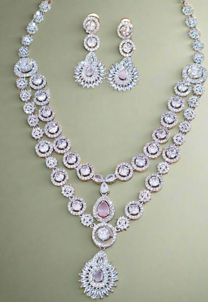 Light Pink Double Layer American Diamond Necklace Set