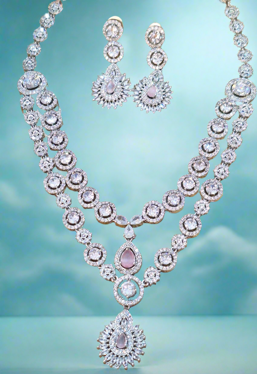 Light Pink Double Layer American Diamond Necklace Set