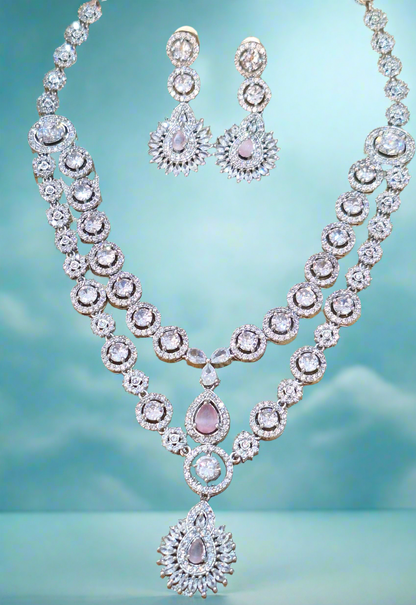 Light Pink Double Layer American Diamond Necklace Set