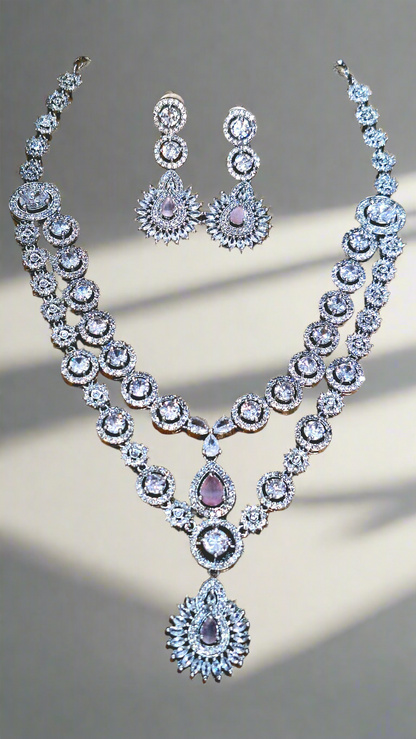 Light Pink Double Layer American Diamond Necklace Set