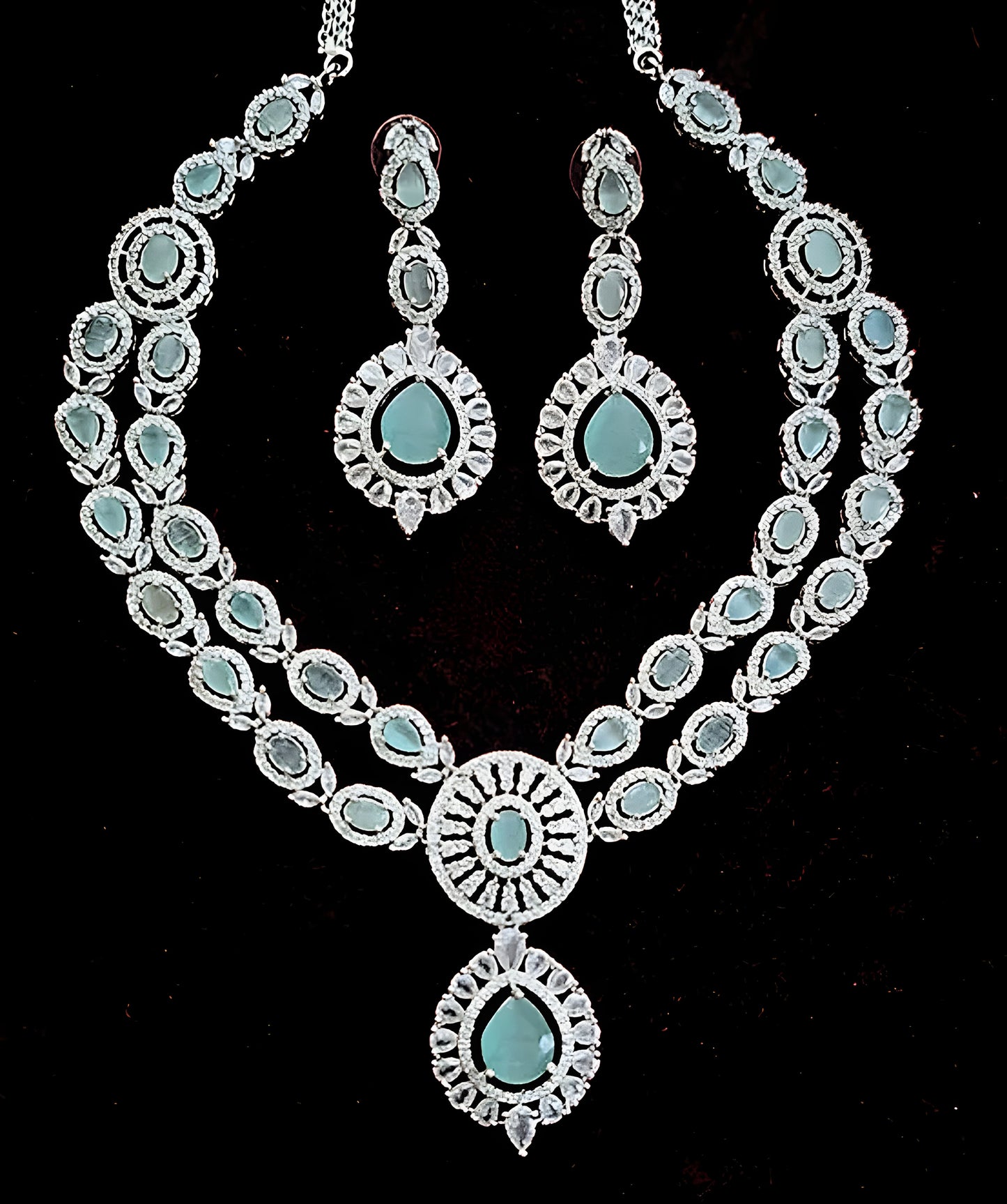Double Layer Turquoise Green Ruby American Diamond Necklace Set