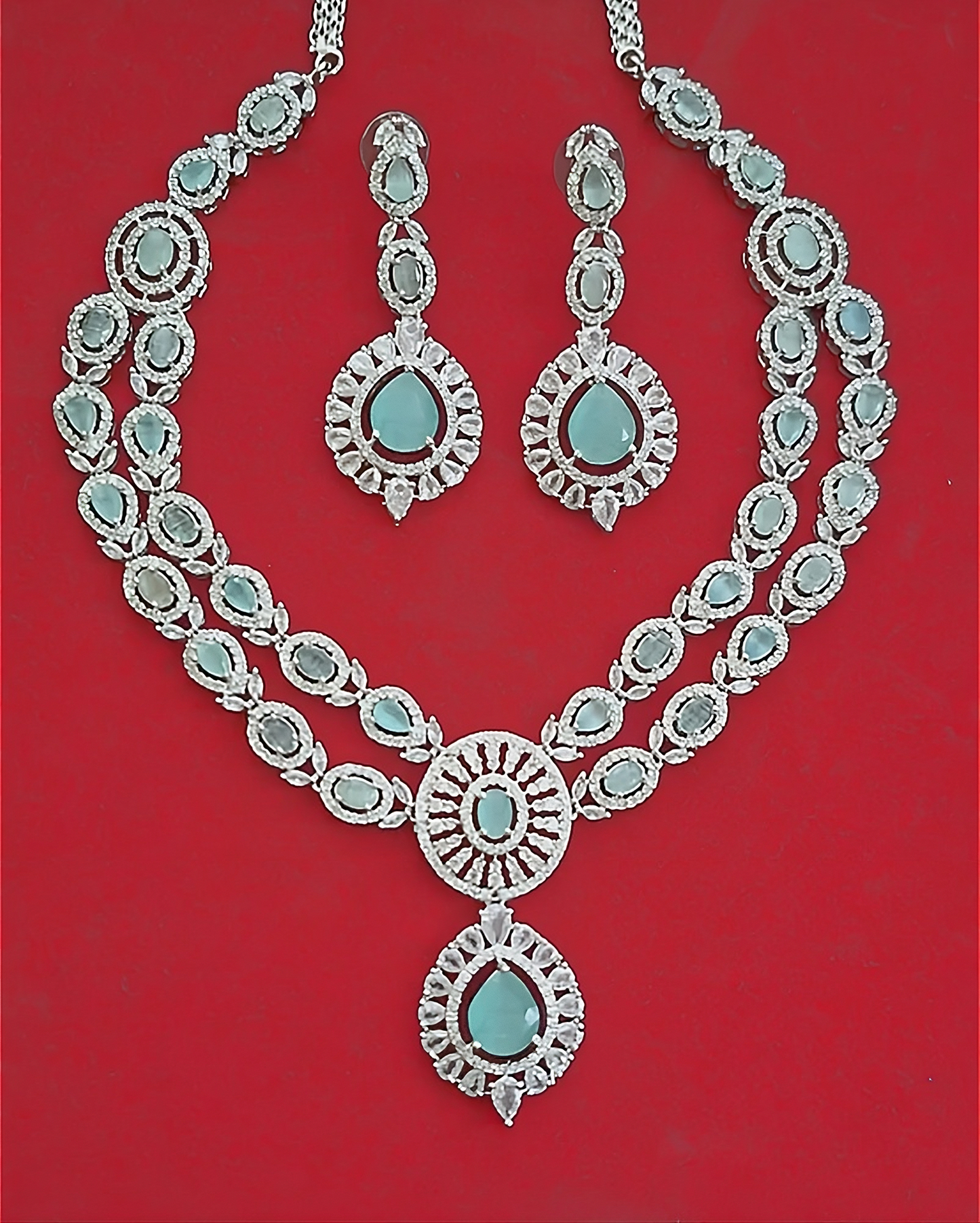 Double Layer Turquoise Green Ruby American Diamond Necklace Set