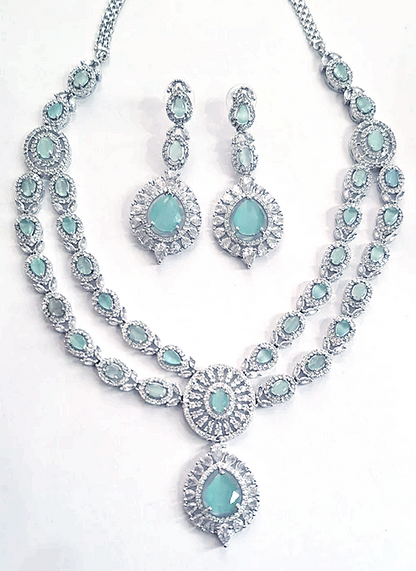 Double Layer Turquoise Green Ruby American Diamond Necklace Set
