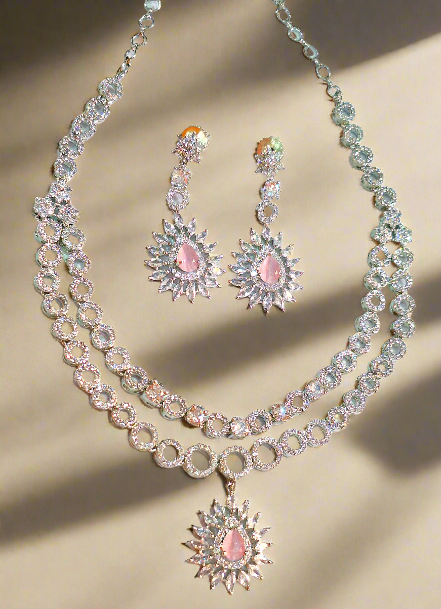 Pink American Diamond Double-Layer Bridal Necklace Set