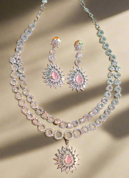 Pink American Diamond Double-Layer Bridal Necklace Set