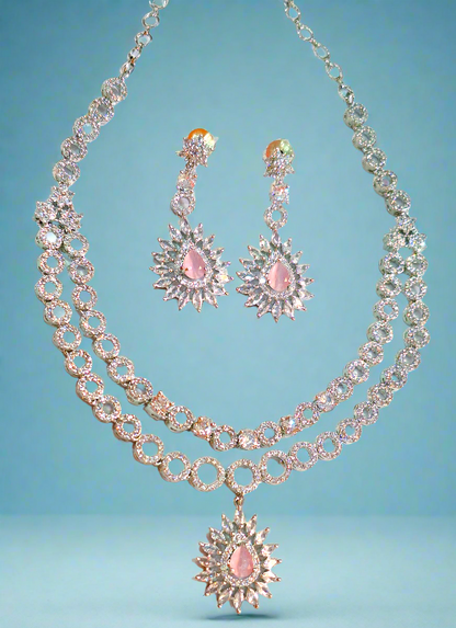 Pink American Diamond Double-Layer Bridal Necklace Set