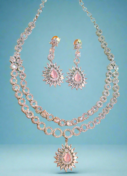 Pink American Diamond Double-Layer Bridal Necklace Set