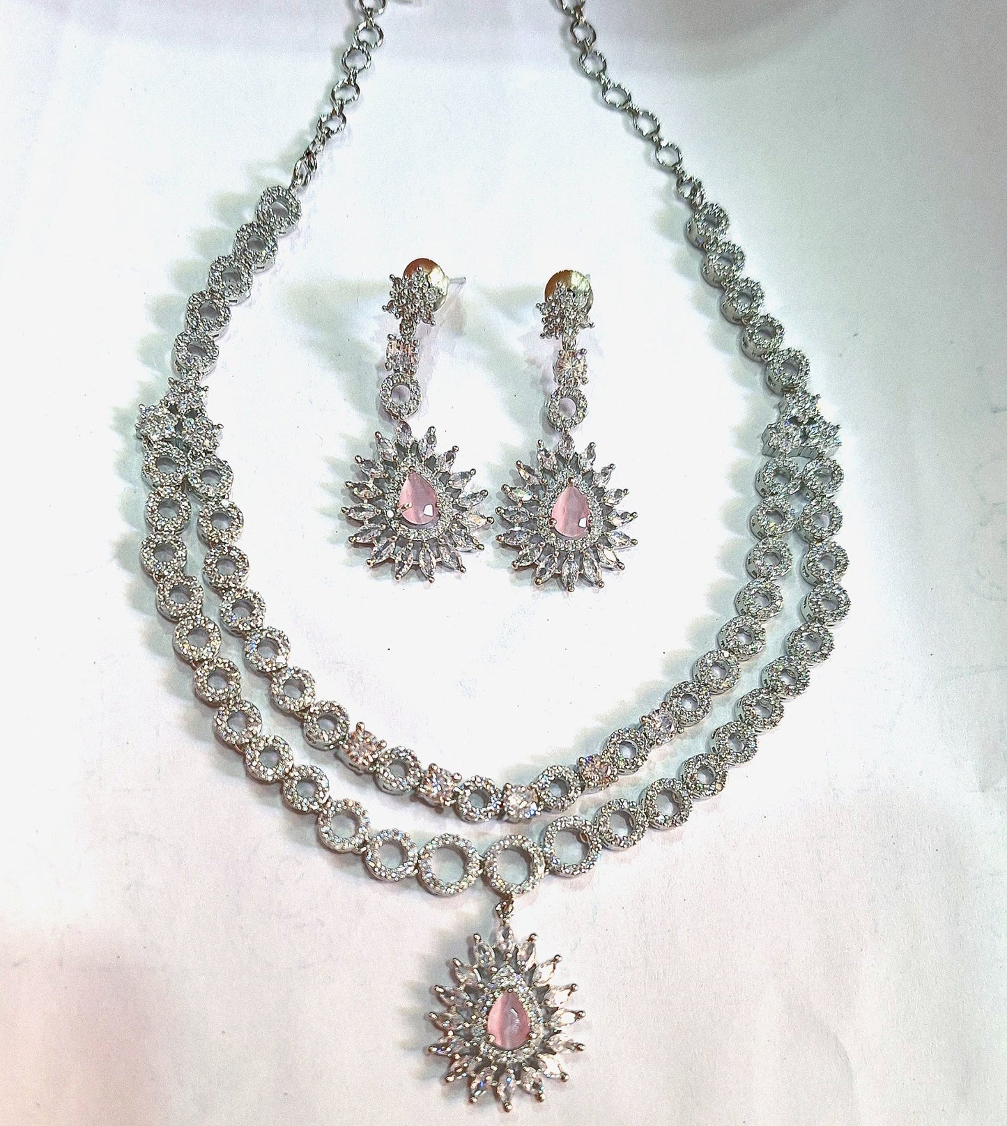 Pink American Diamond Double-Layer Bridal Necklace Set