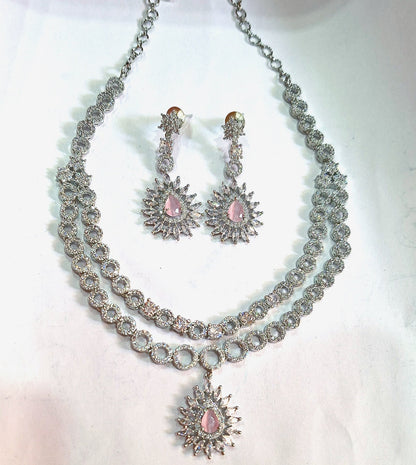 Pink American Diamond Double-Layer Bridal Necklace Set