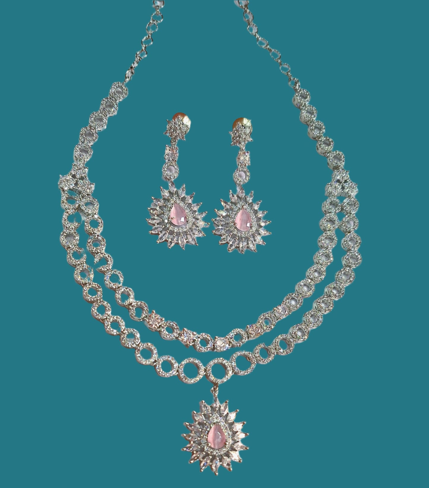 Pink American Diamond Double-Layer Bridal Necklace Set