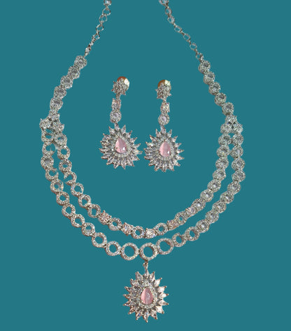 Pink American Diamond Double-Layer Bridal Necklace Set