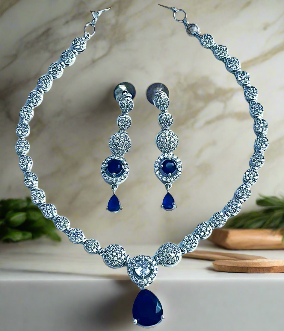 Blue Statement American Diamond Necklace Set