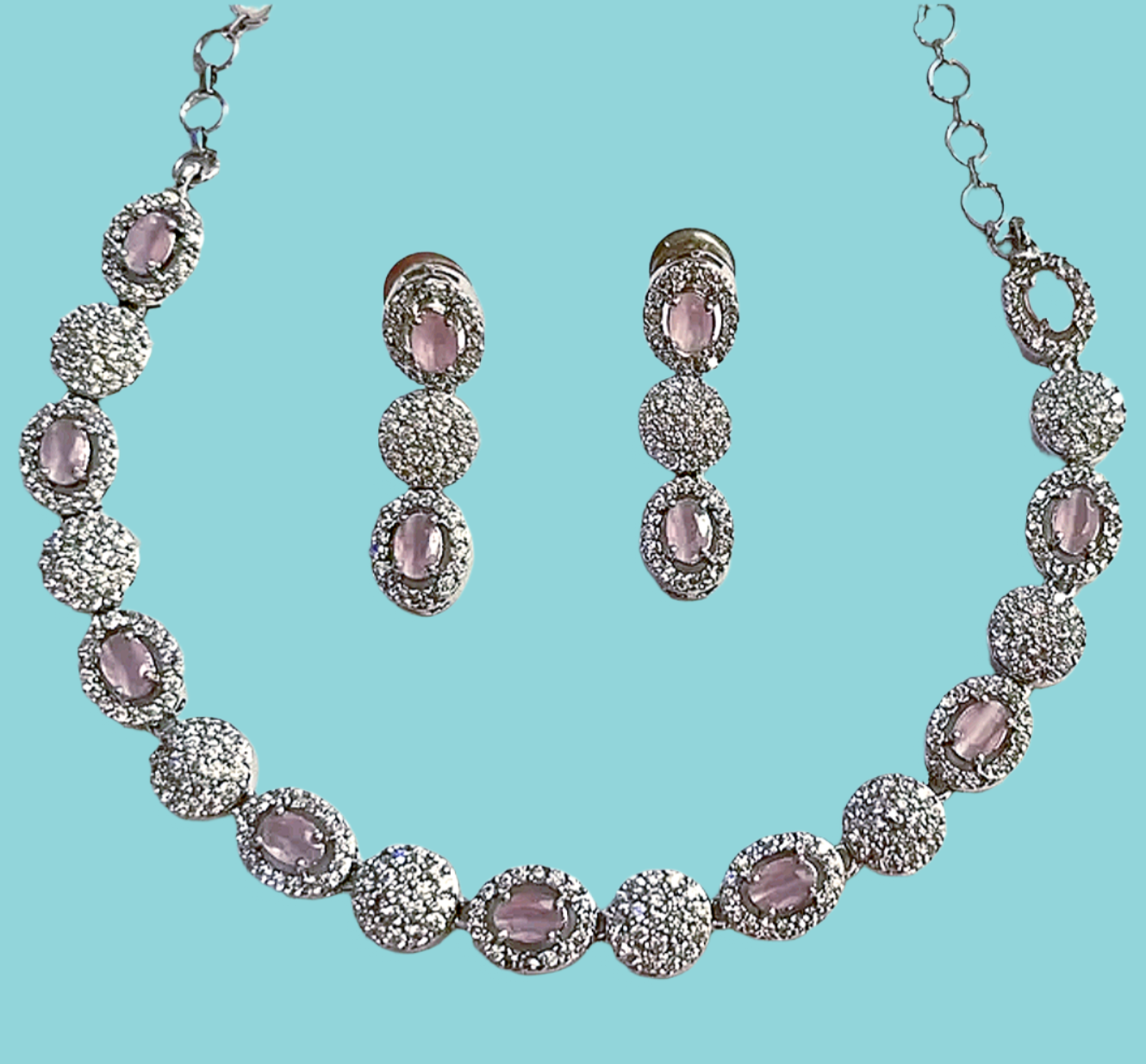 Light Pink American Diamond Thin Necklace set