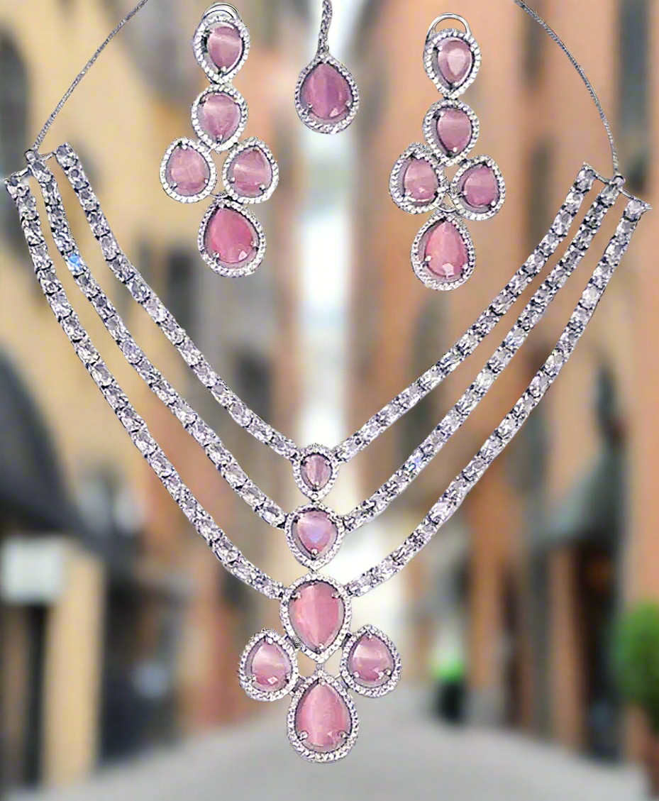 Triple Layer American Diamond Pink Ruby Necklace Set with Matching Earrings