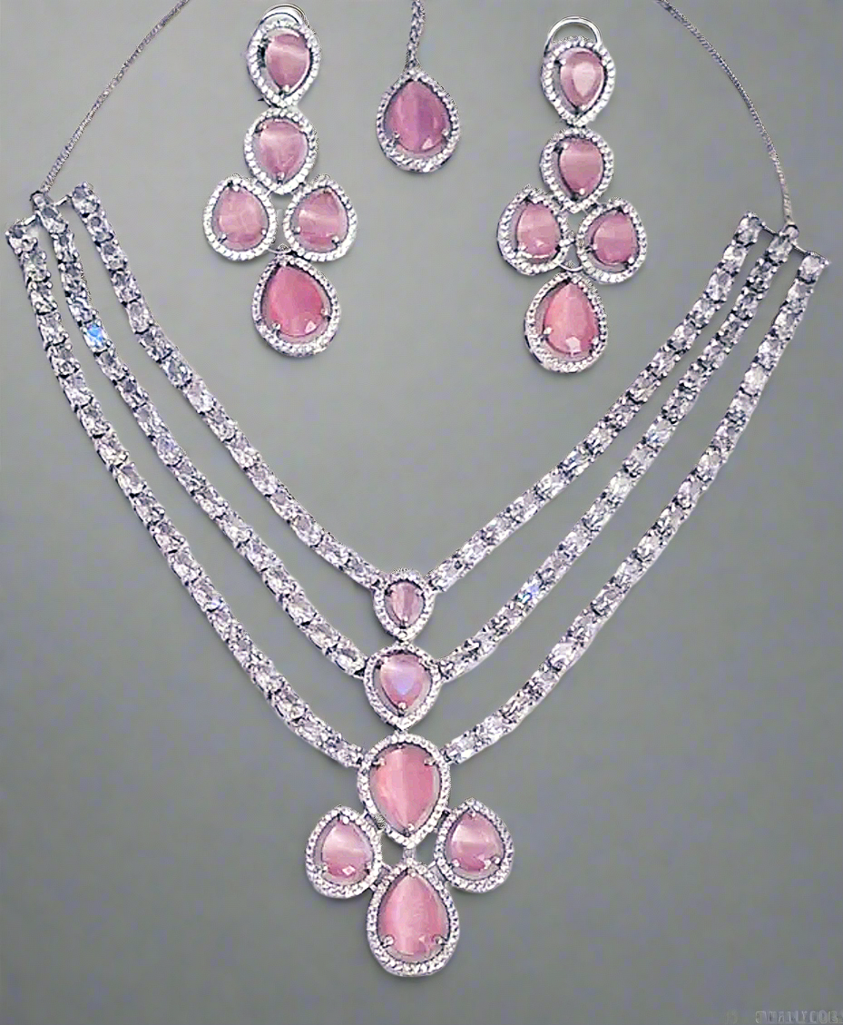 Triple Layer American Diamond Pink Ruby Necklace Set with Matching Earrings