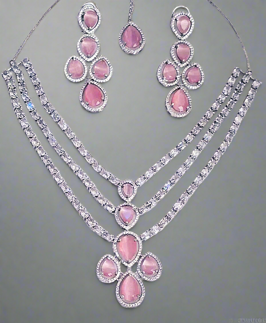 Triple Layer American Diamond Pink Ruby Necklace Set with Matching Earrings