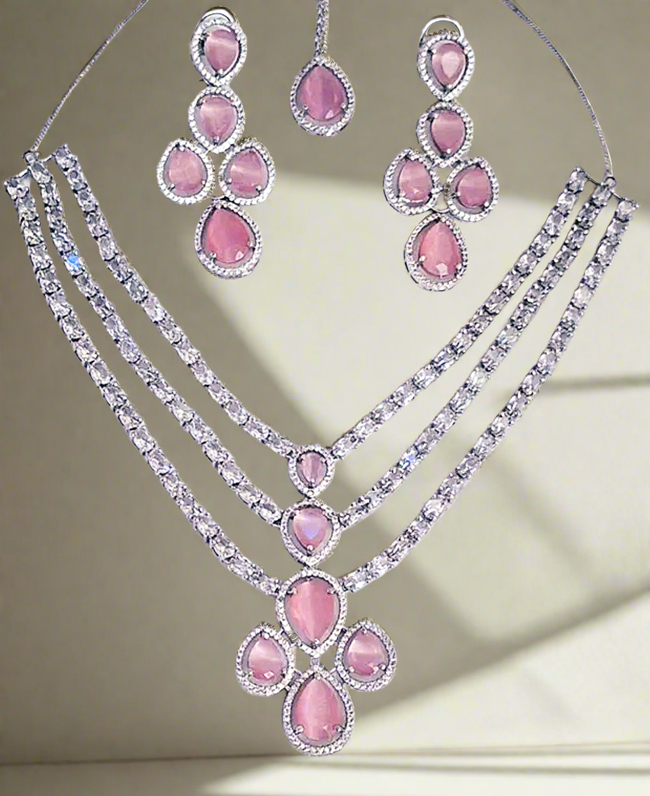 Triple Layer American Diamond Pink Ruby Necklace Set with Matching Earrings
