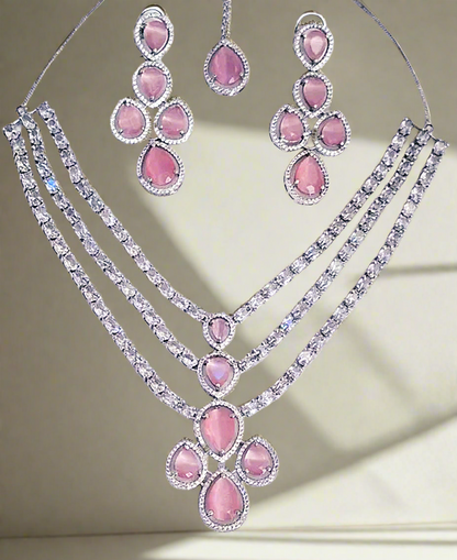 Triple Layer American Diamond Pink Ruby Necklace Set with Matching Earrings