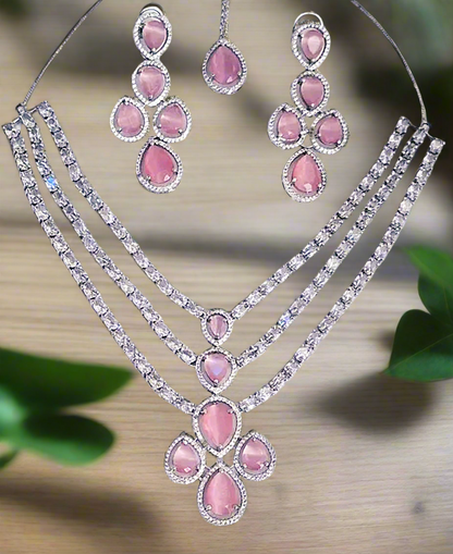 Triple Layer American Diamond Pink Ruby Necklace Set with Matching Earrings