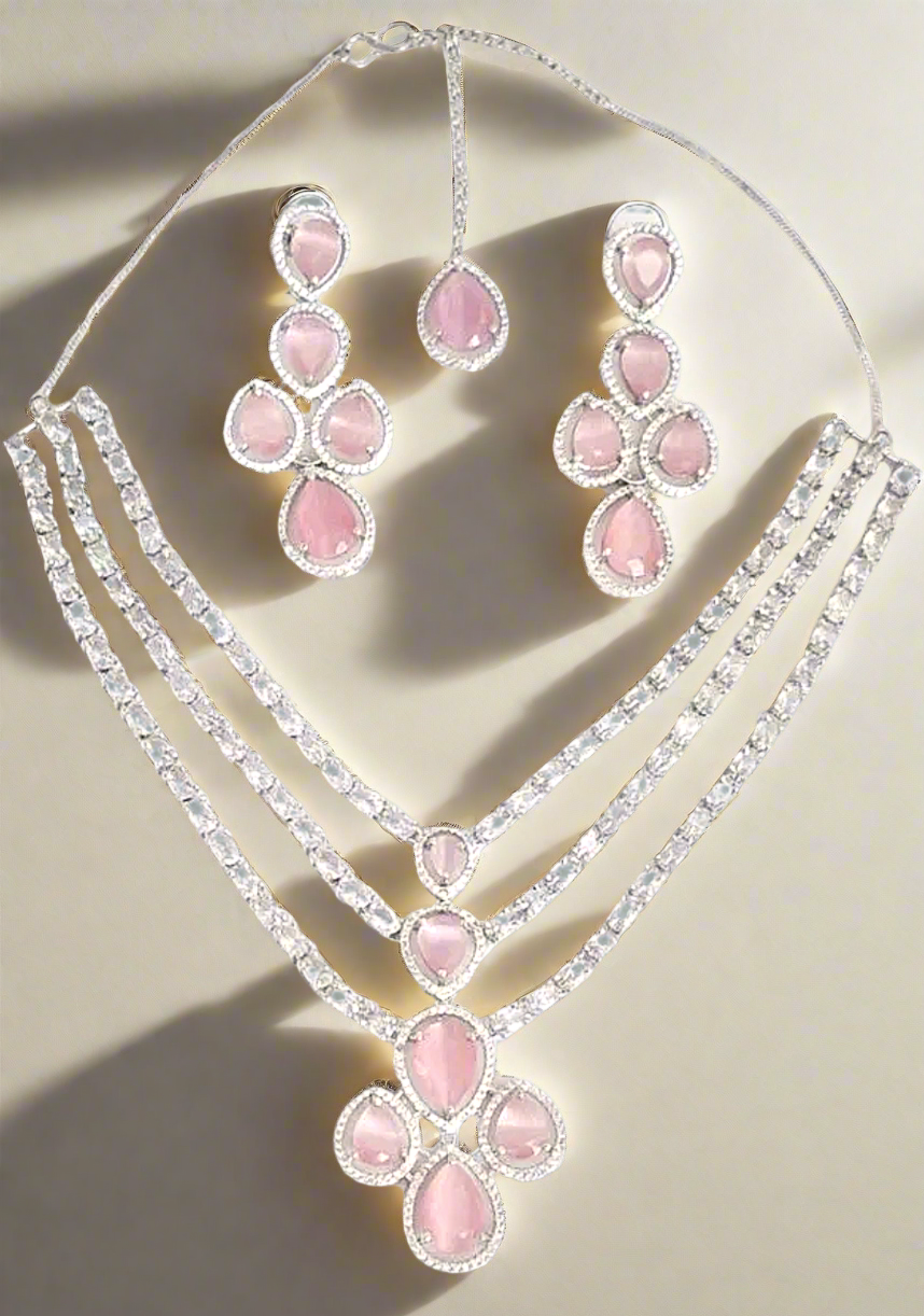 Triple Layer American Diamond Pink Ruby Necklace Set with Matching Earrings