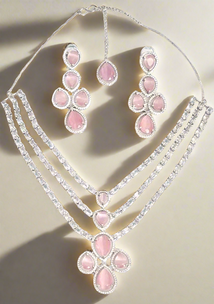 Triple Layer American Diamond Pink Ruby Necklace Set with Matching Earrings
