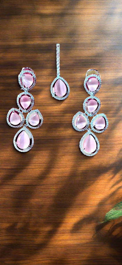 Triple Layer American Diamond Pink Ruby Necklace Set with Matching Earrings