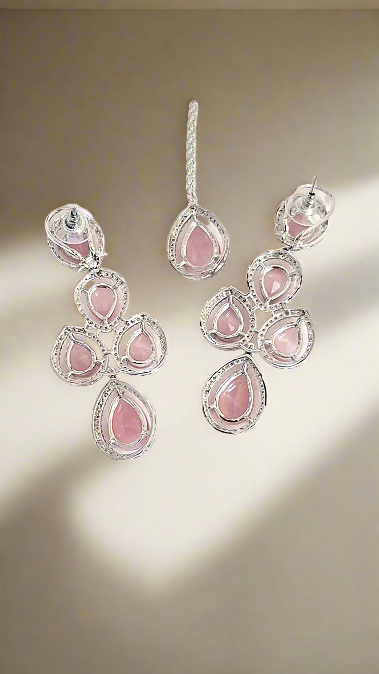 Triple Layer American Diamond Pink Ruby Necklace Set with Matching Earrings