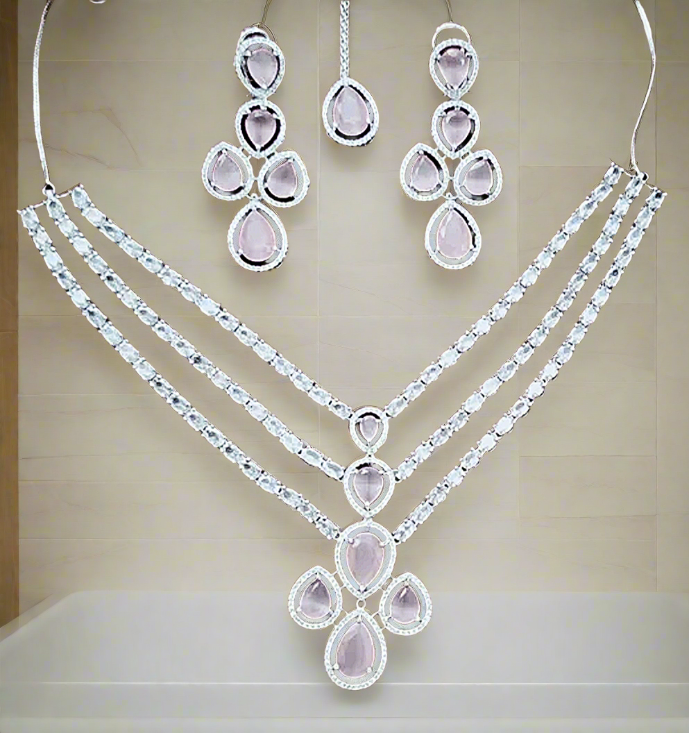 Triple Layer American Diamond Pink Ruby Necklace Set with Matching Earrings