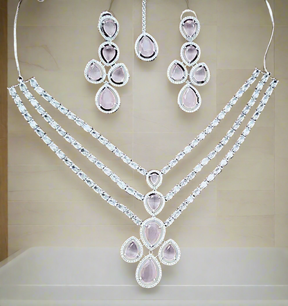 Triple Layer American Diamond Pink Ruby Necklace Set with Matching Earrings