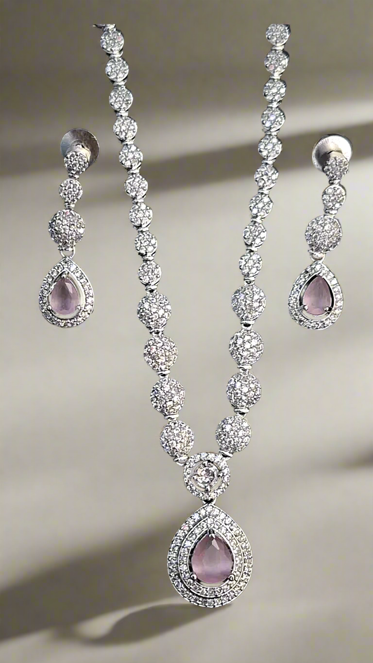 Pink Color American Diamond Statement Necklace Set