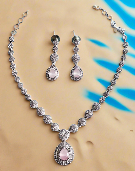 Pink Color American Diamond Statement Necklace Set