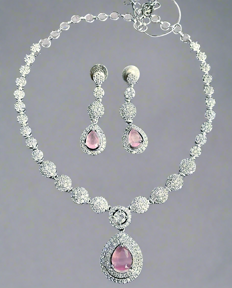 Pink Color American Diamond Statement Necklace Set