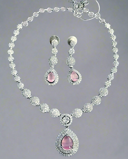 Pink Color American Diamond Statement Necklace Set