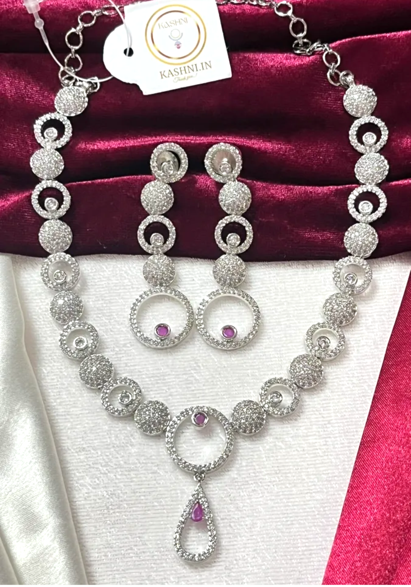 White And Pink American Diamond Necklace Set with Statement Earrings