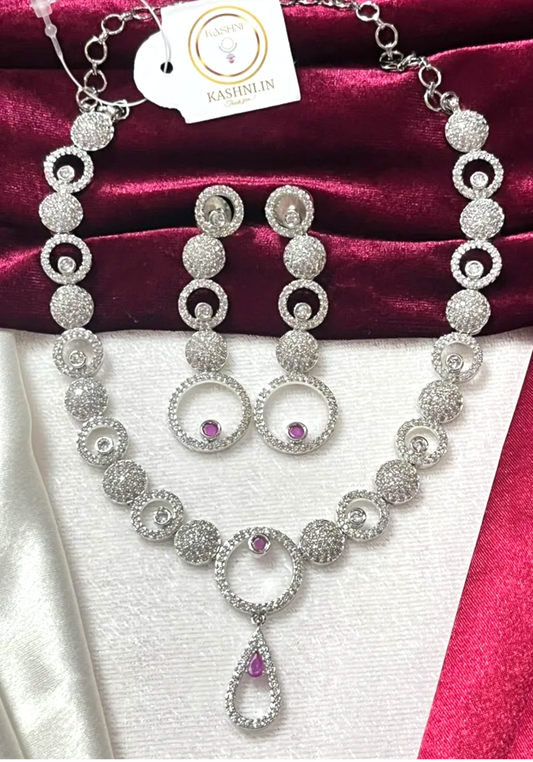 White And Pink American Diamond Necklace Set with Statement Earrings